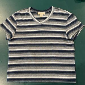 Express vintage acrylic/spandex short sleeve blue & white stripe short shirt L.